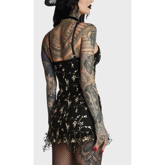 NWT Dolls Kill Protected Aura Slip Dress Black Embroidered Flowers Goth Sz M - Picture 11 of 12